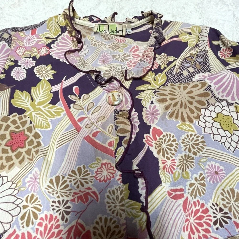 Vintage Loco Lindo Women's Small Ruffle Neck Popover Top Flared Sleeve Blouse - Picture 10 of 10